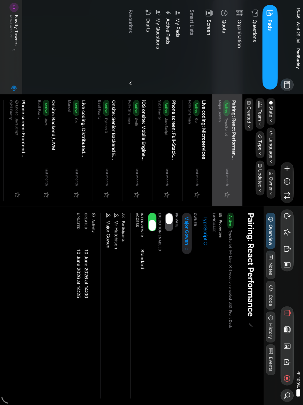 PadBuddy on iPad showing a split view with a pads list, selected pad details, participants, and code.