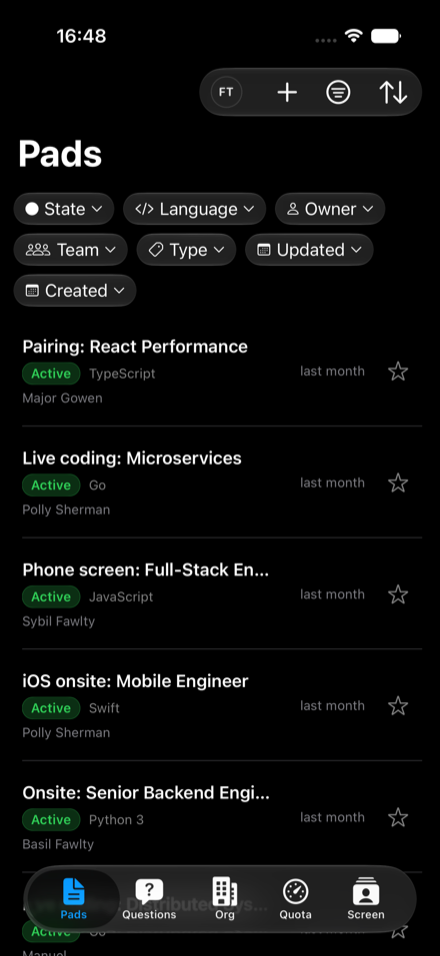 PadBuddy on iPhone showing the Pads tab with search, filters, and recent interview pads.