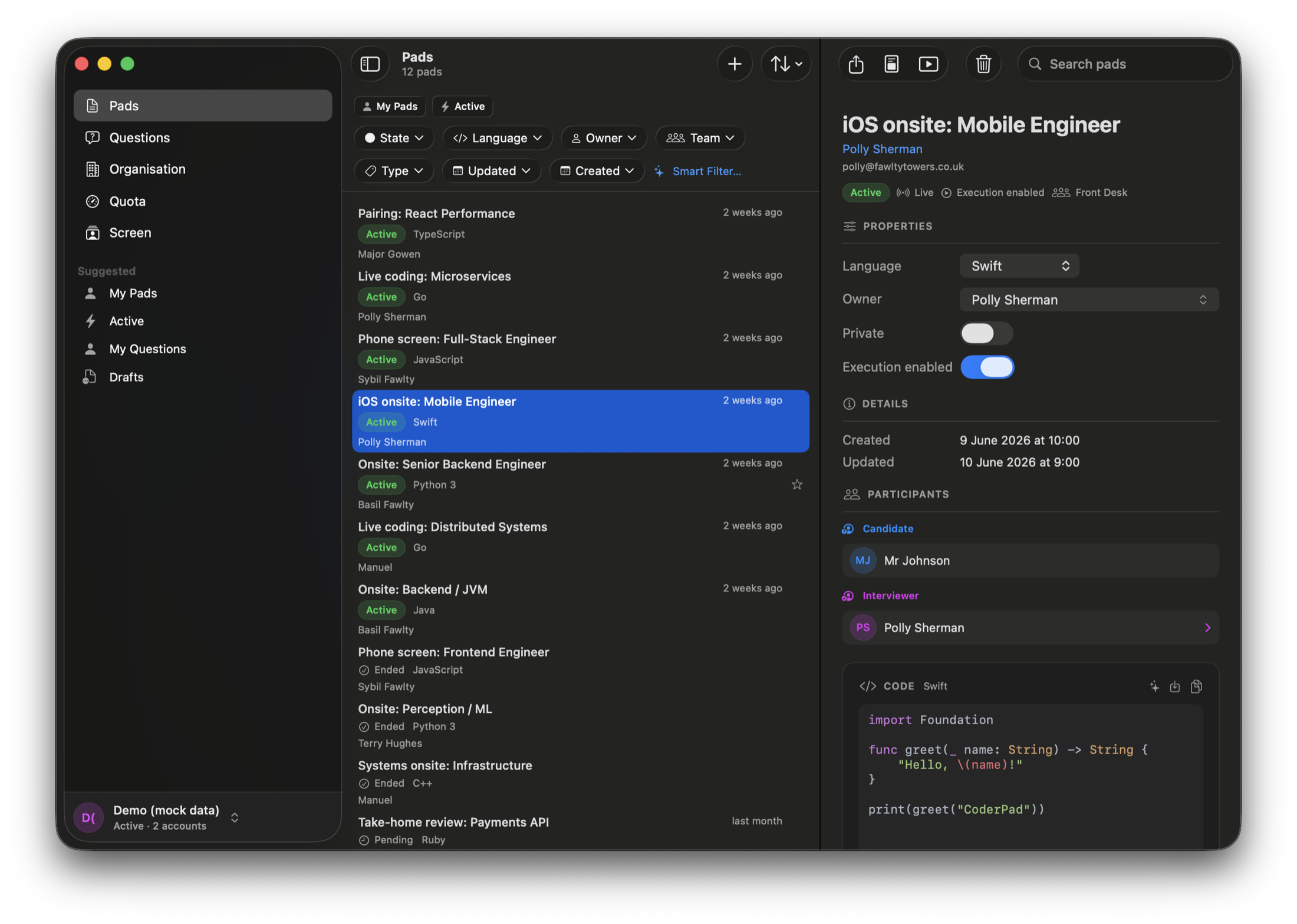 The PadBuddy window: a sidebar of sections, a filterable list of interview
                  pads, and a detail pane with participants and syntax-highlighted code.