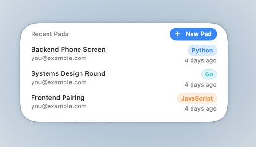 PadBuddy's recent pads widget showing upcoming and recent CoderPad interviews.